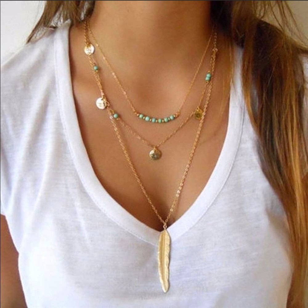 Gold Boho 3 layer feather necklace